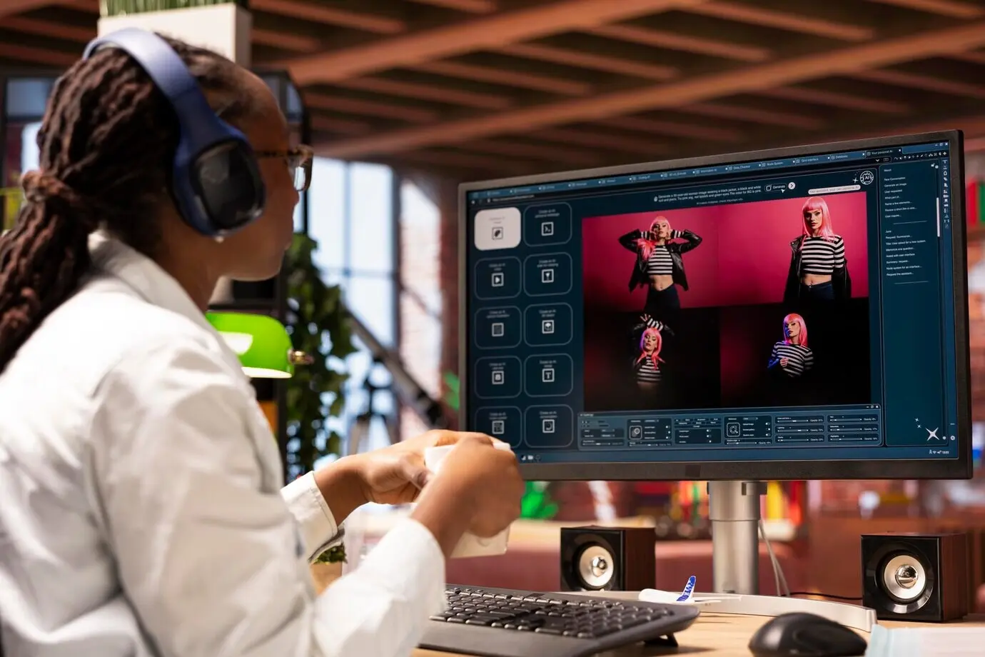 Графический дизайнер держит кружку с кофе и разрабатывает UX для программного обеспечения ИИ‑генератора изображений.